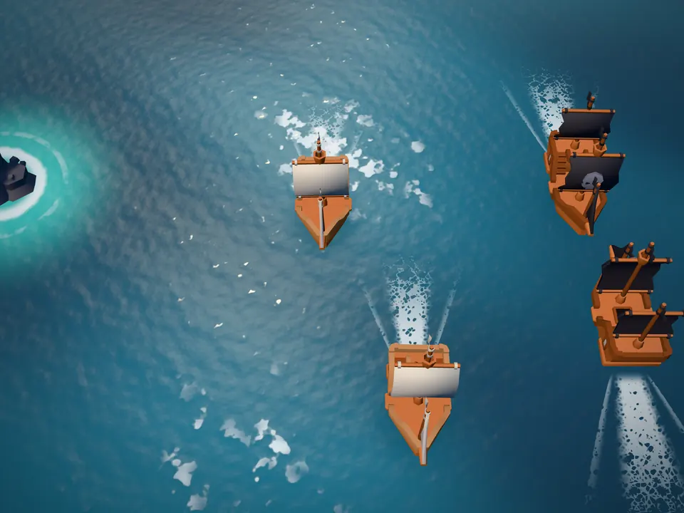 Navios mercantes e piratas num mar com carneirinhos de espuma
